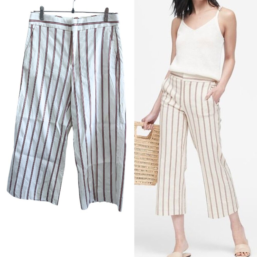 Banana Republic Cream High Rise Striped Wide Leg Linen Blend Cropped Pants